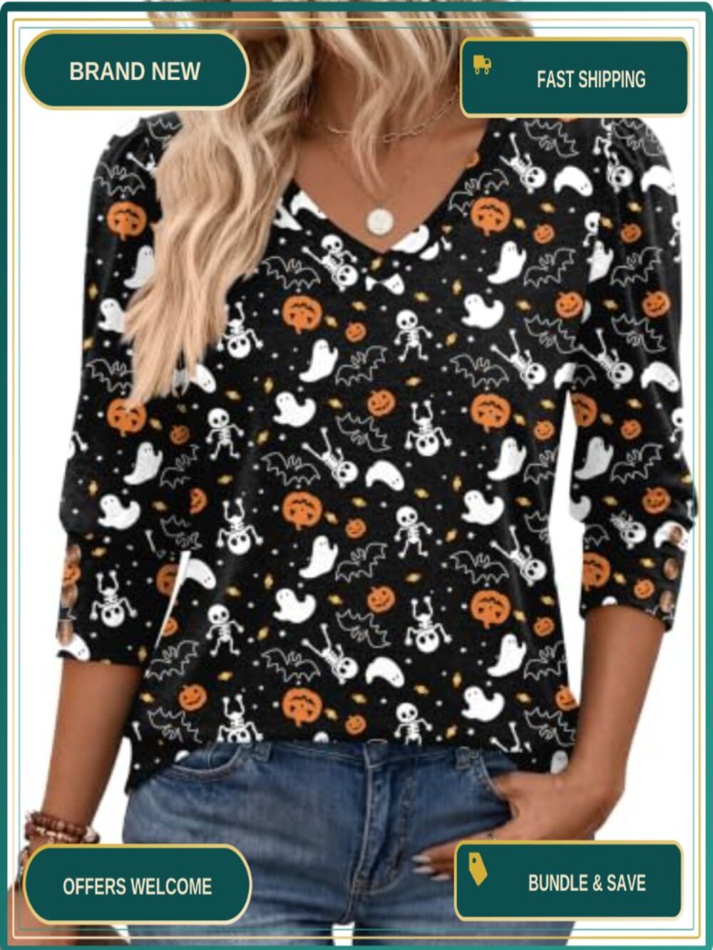Womens 3/4 Sleeve V Neck Blouse Button Down Puff Sleeve Office Top